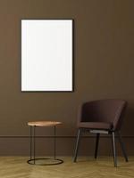 Modern and minimalist vertical black poster or photo frame mockup on the wall in the living room. 3d rendering.