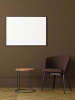 Modern and minimalist horizontal black poster or photo frame mockup on the wall in the living room. 3d rendering.