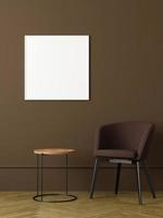 Modern and minimalist square white poster or photo frame mockup on the wall in the living room. 3d rendering.