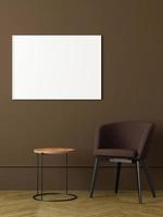 Modern and minimalist horizontal white poster or photo frame mockup on the wall in the living room. 3d rendering.