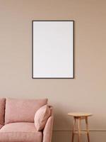 Modern and minimalist vertical black poster or photo frame mockup on the wall in the living room. 3d rendering.