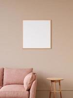 Modern and minimalist square wooden poster or photo frame mockup on the wall in the living room. 3d rendering.