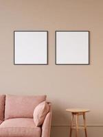 Twin modern and minimalist square black poster or photo frame mockup on the wall in the living room. 3d rendering.