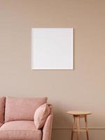 Modern and minimalist square white poster or photo frame mockup on the wall in the living room. 3d rendering.