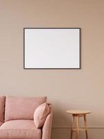 Modern and minimalist horizontal black poster or photo frame mockup on the wall in the living room. 3d rendering.