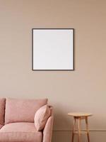 Modern and minimalist square black poster or photo frame mockup on the wall in the living room. 3d rendering.