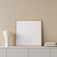 Modern and minimalist square wooden poster or photo frame mockup on the table in the living room. 3d rendering.