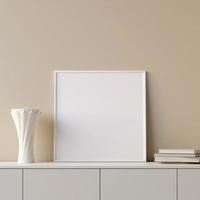 Modern and minimalist square white poster or photo frame mockup on the table in the living room. 3d rendering.