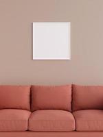 Modern and minimalist square white poster or photo frame mockup on the wall in the living room. 3d rendering.