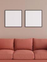 Modern and minimalist square black poster or photo frame mockup on the wall in the living room. 3d rendering.