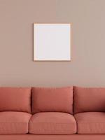 Modern and minimalist square wooden poster or photo frame mockup on the wall in the living room. 3d rendering.