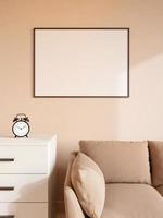 cartel negro horizontal moderno y minimalista o maqueta de marco de fotos en la pared de la sala de estar. representación 3d