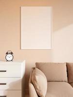 Modern and minimalist vertical white poster or photo frame mockup on the wall in the living room. 3d rendering.