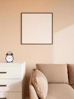 Modern and minimalist square black poster or photo frame mockup on the wall in the living room. 3d rendering.