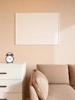 cartel blanco horizontal moderno y minimalista o maqueta de marco de fotos en la pared de la sala de estar. representación 3d