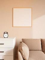 cartel de madera cuadrado moderno y minimalista o maqueta de marco de fotos en la pared de la sala de estar. representación 3d