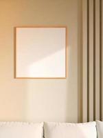 Modern and minimalist square wooden poster or photo frame mockup on the wall in the living room. 3d rendering.