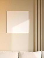 Modern and minimalist square white poster or photo frame mockup on the wall in the living room. 3d rendering.