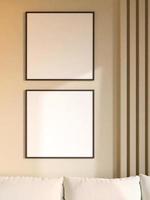 Twin modern and minimalist square black poster or photo frame mockup on the wall in the living room. 3d rendering.