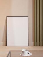 Modern and minimalist vertical black poster or photo frame mockup leaning against the room wall. 3d rendering.