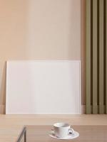 Modern and minimalist horizontal white poster or photo frame mockup leaning against the room wall. 3d rendering.