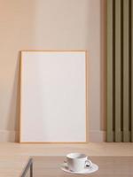 Modern and minimalist vertical wooden poster or photo frame mockup leaning against the room wall. 3d rendering.