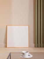 Modern and minimalist square wooden poster or photo frame mockup leaning against the room wall. 3d rendering.