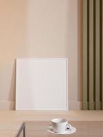 Modern and minimalist square white poster or photo frame mockup leaning against the room wall. 3d rendering.
