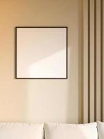 Modern and minimalist square black poster or photo frame mockup on the wall in the living room. 3d rendering.