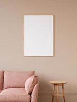 Modern and minimalist vertical wooden poster or photo frame mockup on the wall in the living room. 3d rendering.