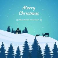 feliz navidad y año nuevo diseño vectorial tipográfico para tarjetas de felicitación y carteles. feliz navidad manuscrita. navidad con paisaje invernal con nevadas, casa aislada y renos.