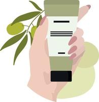 Cosmetic illustration. Cream in hand with a branch of olive. Isolated illustration. vector