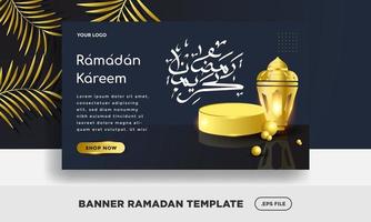 fondo de ramadán a la venta, plantilla banner religión color azul oscuro. caligrafía árabe que significa ramadan kareem