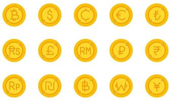 conjunto de iconos vectoriales relacionados con la moneda. contiene íconos como bitcoin, dólar, centavos, euro, libra, baht y más. vector