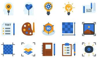 conjunto de iconos vectoriales relacionados con el pensamiento de diseño. contiene íconos como pensamiento creativo, empatía, prototipo, diseño 3d, píxeles, cuaderno de bocetos y más. vector