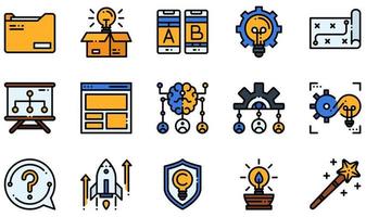 conjunto de iconos vectoriales relacionados con el pensamiento de diseño. contiene íconos como visión, pensar fuera de la caja, idea, estrategia, lluvia de ideas, inicio y más. vector