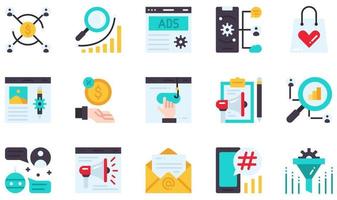 conjunto de iconos vectoriales relacionados con el marketing digital. contiene íconos como marketing de afiliación, publicidad, blog, comisión, clickbait, marketing de contenido y más. vector