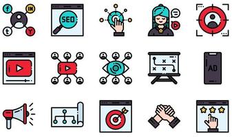 conjunto de iconos vectoriales relacionados con el marketing digital. contiene íconos como marketing social, seo, influencer, video marketing, megáfono, marketing en línea y más. vector