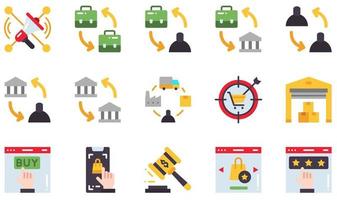 conjunto de iconos vectoriales relacionados con el comercio electrónico. contiene íconos como marketing social, b2b, b2c, cadena de suministro, almacén, calidad y más. vector