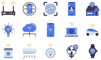 conjunto de iconos vectoriales relacionados con Internet de las cosas. contiene íconos como Internet de las cosas, hogar inteligente, luz inteligente, teléfono inteligente, automóvil inteligente, reloj inteligente y más. vector
