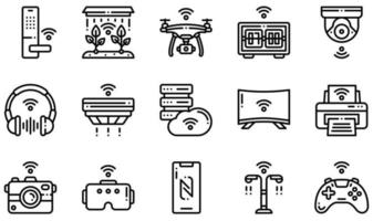 Set of Vector Icons Related to Internet Of Things. Contains such Icons as Smart Farm, Drone, Security Camera, Smoke Detector, Computer Server, Street Light and more.