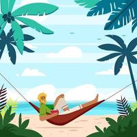 Man Enjoy Beach On His Hammock Concept vector