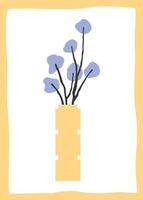 Minimalistic modern illustration of a blue flower in a yellow vase. Vector poster or flat postcard