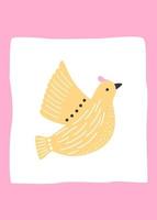 Easter poster with a yellow flying bird on a pink background. Vector illustration of a vintage dove of peace.