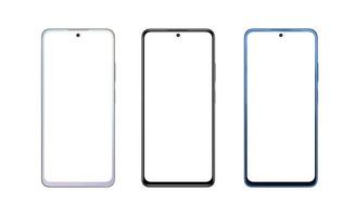 Modern smart phones in three white perla, black and blue perla colors. Isolated screen and background for mockup photo