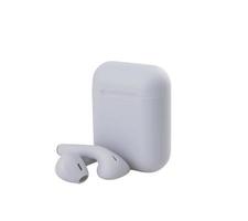 Grey headphones wireless earphones with case  isolated white background photo