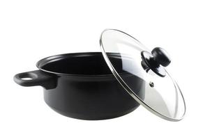 Stainless steel cooking pot black isolated on white background photo