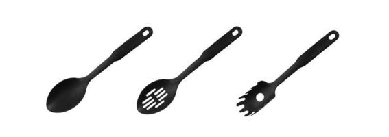 Colección de utensilios de cocina de plástico negro aislado sobre fondo blanco. foto