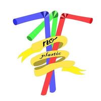 tres tubos de plástico están atados con una cinta amarilla con la inscripción sin plástico. cuidando el planeta, reduciendo el uso de plástico en el día a día. vector. vector