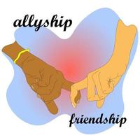 friendly hand holds other hand with fingers, provides support. allyship, friendship, teamwork, concept vector. People with different cultures, ethnic background need help, racial equality. refugee day vector